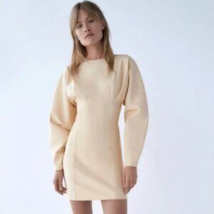 Zara Cream Neoprene Effect Mini Dress XS Puff Sleeve Structured Minimalist Chic